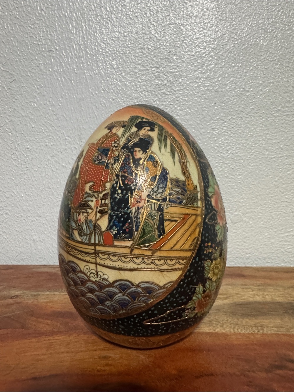 Vintage Japanese Satsuma Porcelain Egg Geisha Boat Scene 6.5” Gold Moriage Decor
